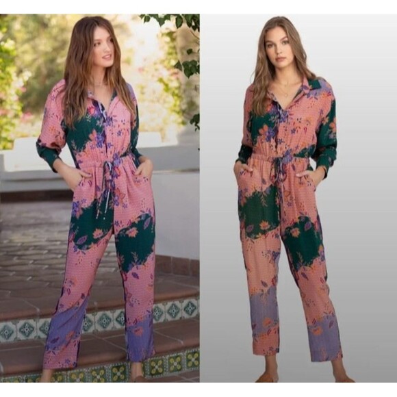 Johnny Was Jade 100% Silk Jumpsuit Floral Size XL Multicolor Tie Dye 100% Silk - Picture 1 of 16